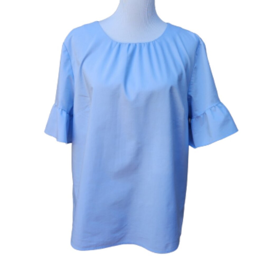 Halogen Blue Blouse Cotton Blend Flutter Sleeves Red Tie Back Closure Classic